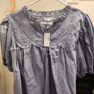 Mauve Light Blue Eyelet Crochet Yoke Puff Sleeve Blouse